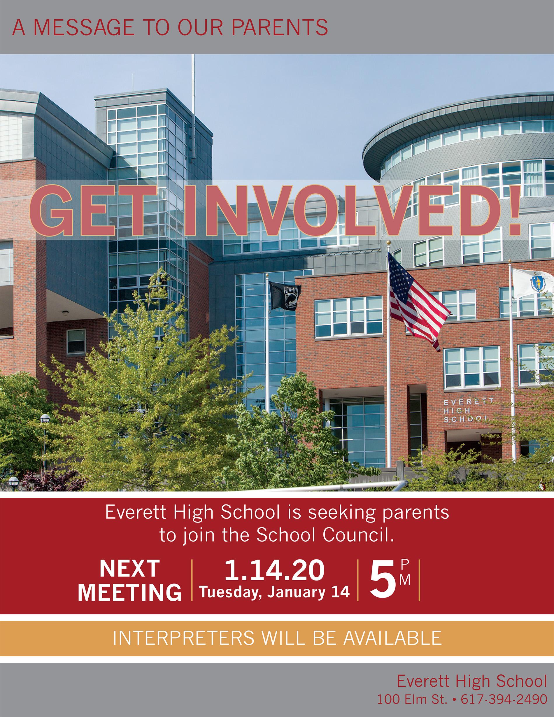 Flyer, featuring a large photo of the exterior of Everett High