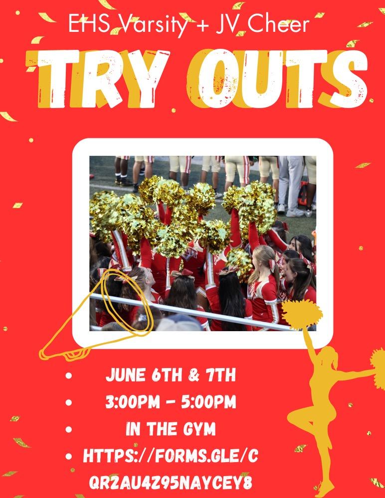Flier with cheerleading-related clipart and a photo of a group of cheerleaders holding their pom-poms in the air